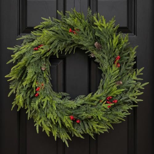 Glitzhome 30 Inch Christmas Wreaths for Front Door, Artificial Greenery Wreath with Pine Cones and Red Berries for Windows, Walls, Porches, Indoor and Outdoor Home Decoration by Glitzhome