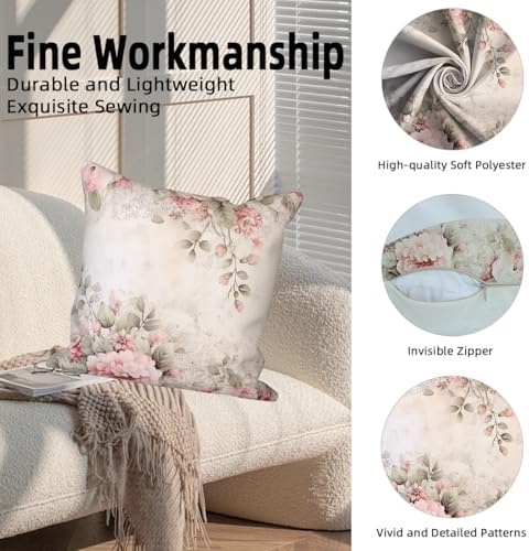 4 Pcs/Set Floral Pillow Covers Spring Poppy Rose Flowers Vintage Plants Watercolor Rustic Valentine Throw Pillow Covers for Outdoor Home Couch Sofa Bedroom Farmhouse Decor, 24"x24" - Image 2