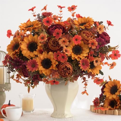 Mixed 10 Pcs Fall Artificial Sunflower Peony Bouquet, Yellow Burgundy Silk Faux Flower, Autumn Faux Floral Arrangements for Wedding Table Thanksgiving Porch Planters Garden Patio Outdoors Decor - Image 2