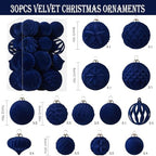 30pcs Velvet Christmas Ball Ornaments, Flocked Shatterproof Christmas Ornaments Hanging Xmas Tree Decorations Set for Home Party Holiday Decor (Multi-Size, Blue) - Image 2