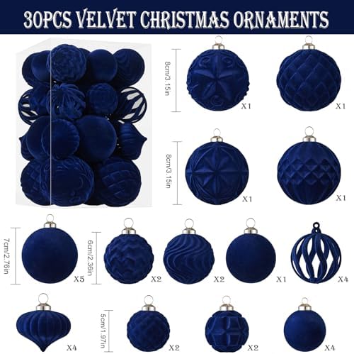 30pcs Velvet Christmas Ball Ornaments, Flocked Shatterproof Christmas Ornaments Hanging Xmas Tree Decorations Set for Home Party Holiday Decor (Multi-Size, Blue) - Image 2