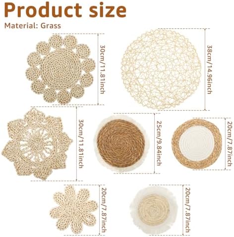 7 Pcs Boho Wall Basket Decor, Rattan Wicker Boho Wall Decor, Hanging Woven Basket Wall Decor, Round Handmade Wall Art for Living Room Bedroom Display Table Settings Home Christmas Decoration (Khaki) - Image 6