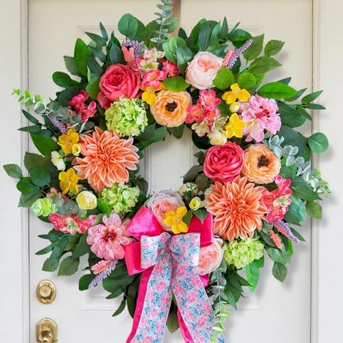 Spring Wreaths for Front Door 24 Inch Outdoor Spring Wreath with Pink Bow– Handmade Peach Dahlia & Garden Rose Summer Wreaths for Front Door,Farmhouse Home,Porch,Wall,Window Decor by CHVista