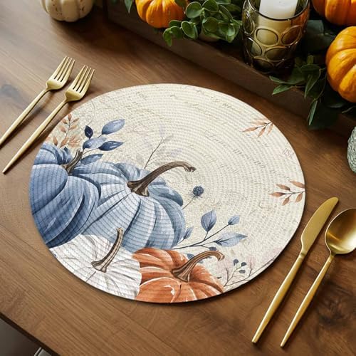 Fall Round Placemats Set of 4 Thanksgiving Blue Pumpkin Place Mats Washable Woven Placemat Autumn Eucalyptus Leaves Circle Braided Table Mat for Kitchen Dining Table Holiday Party Fall Decor 15 Inch - Image 3