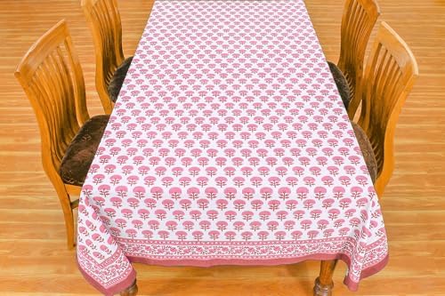 72x160 Inches Rectangle Hand Block Printed Cotton Tablecloth, White Pink Floral Table Cloths Washable, Indian Table Linen for Halloween Christmas Outdoor Thanksgiving Gifts Home Decor Dinning Outdoor by HomeSpunCrafts