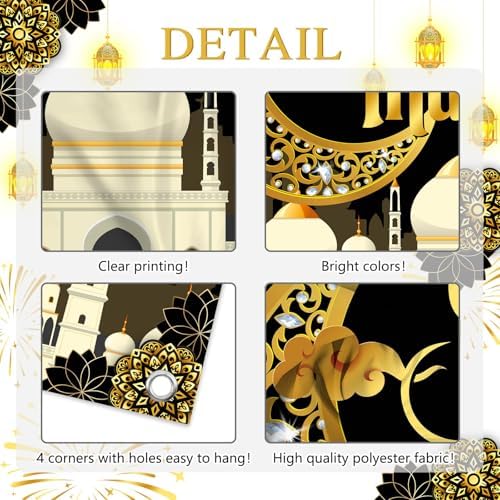 Mocsicka Ramadan Mubarak Decorations Backdrop Blue Gold Muslim Ramadan Kareem Banner Eid Mubarak for Home Muslim Party Supplies (Black, 8x6ft) - Image 4