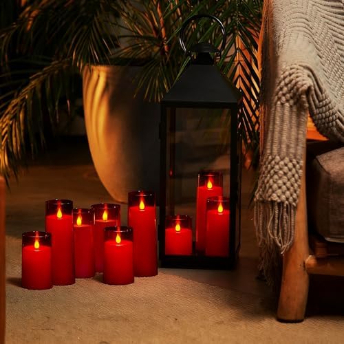 Homemory Christmas Red Flickering Flameless Candles, Battery Operated Acrylic LED Pillar Candles with Remote Control and Timer, Set of 9 - Image 2
