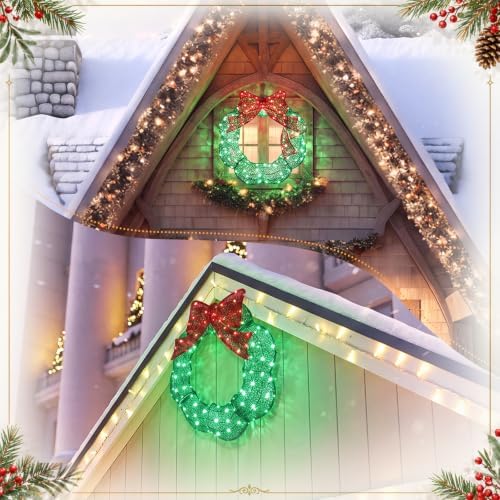 Baquler 24 Inch Pre-lit Christmas Wreath Outdoor Metal with Red Green LED - Image 6