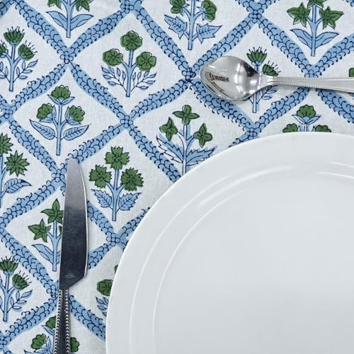 72x140 Inches Rectangle Hand Block Printed Cotton Tablecloth, Green Blue Floral Table Cloths Washable, Indian Table Linen for Outdoor Thanksgiving Gifts Dining Home Decor Outdoor Gift - Image 3