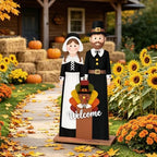 Fall Welcome Sign for Front Door, 36" Thanksgiving Pilgrim Couple with Turkey, Wooden Standing Sign, Autumn Front Porch Decor for Outdoor Indoor Yard Garden - Image 4