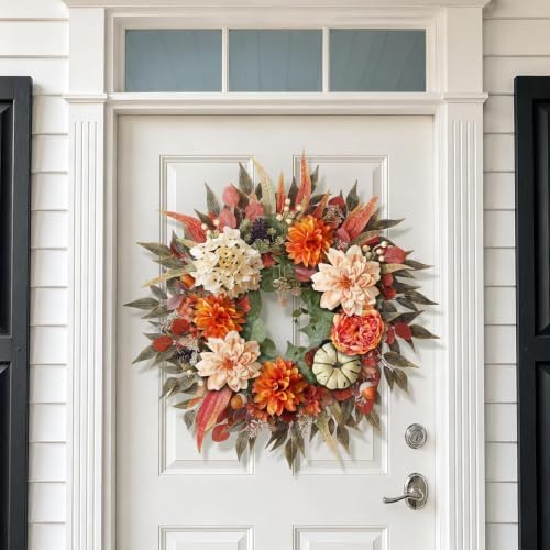24"Artificial Silk Hydrangea Flower Dahlia Fall Wreath for Front Door Decor - Image 2