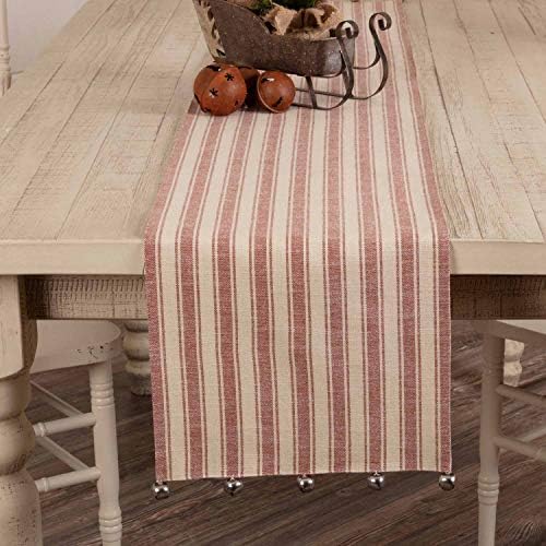 Sleigh Bells Ring Ticking Stripe Table Runner, 90" Long, Farmhouse Christmas Red & Cream w/Bells, Christmas, Country Holiday Décor - Image 2
