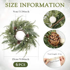 6 PCS Christmas Wreath Christmas Kitchen Cabinet Wreaths with Burlap Ribbon Mini Wreath Pine Garland Frosted Cedar Pine Cone Hanging Garlands Candle Rings for Front Door Window Chair Wall - Image 2