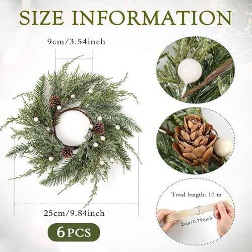 6 PCS Christmas Wreath Christmas Kitchen Cabinet Wreaths with Burlap Ribbon Mini Wreath Pine Garland Frosted Cedar Pine Cone Hanging Garlands Candle Rings for Front Door Window Chair Wall - Image 2