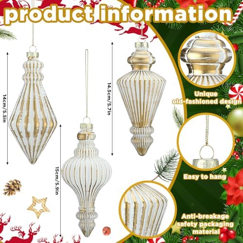 6Mercury Glass Finial Christmas Ornament 5.7"hanging, Gold White - Image 2