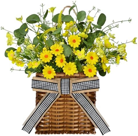 Spring Hanger Basket Wreath for Front Door 15" Yellow Daisy Basket Artificial Green Eucalyptus Leaves with Lavender Summer Wreaths Baskets for Indoor Farmhouse Porch Entryway Wall Home Decor by Kuabiz