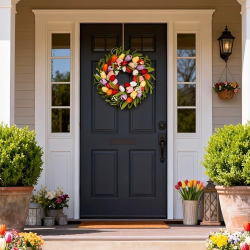 idyllic 20 Inch Spring Five-Color Tulip Wreath, for Front Door Window Porch Living Room Mantel Spring Colorful Home Decor Gift - Image 6