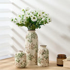 Green and Beige Antique Vase Set of 3, Vintage Chinoiserie Floral Vase, Rustic Ceramic Vase for Home Decor, Living Room, Bookshelf, Office, Entryway, Garden, Chinoiserie Decor, Tuscan Decor - Image 3
