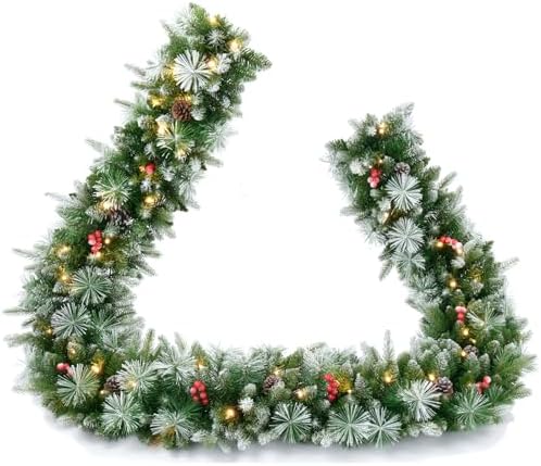 9ft Artificial Christmas Snow Garland with 50 led Lights Timer, Pine Cone, Christmas Red Berry Garlands Battery Powered Outdoor String for Mantle Stairs Railing Fireplace Door - Image 2