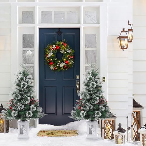 3ft Prelit Snow Flocked Christmas Tree with Light Up White Snowman Box Base - Image 4