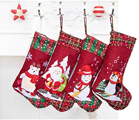 LUBOT 4 Pack Christmas Stockings(21inch) Embroidered Linen Applique Burlap Fireplace Hanging Christmas Stocking Ornament for Family Decorations Holiday Xmas Gift - Image 3