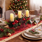 meekoo Christmas Centerpiece with 3 Candle Holders 3 LED Candles 1 String Lights Xmas Triple Candelabrum Red Buffalo Plaid Bow Berry with 3 Candle Holders for Tables Home Decorations - Image 6