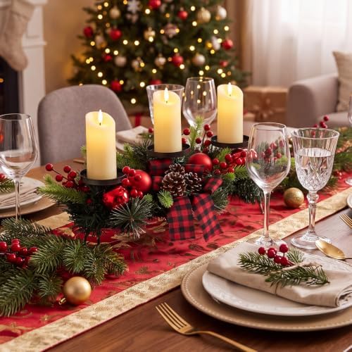 meekoo Christmas Centerpiece with 3 Candle Holders 3 LED Candles 1 String Lights Xmas Triple Candelabrum Red Buffalo Plaid Bow Berry with 3 Candle Holders for Tables Home Decorations - Image 6
