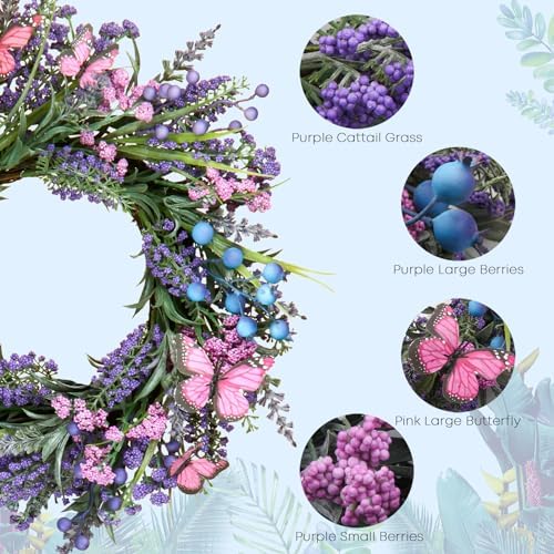 Lavender Wreaths for Front Door 18 Inch Spring Summer Wreath with Lavender,Berries, Butterflies,for Year-Round Use Indoors and Outdoors as Wall, Door, Window, Party and Wedding Decorations - Image 2