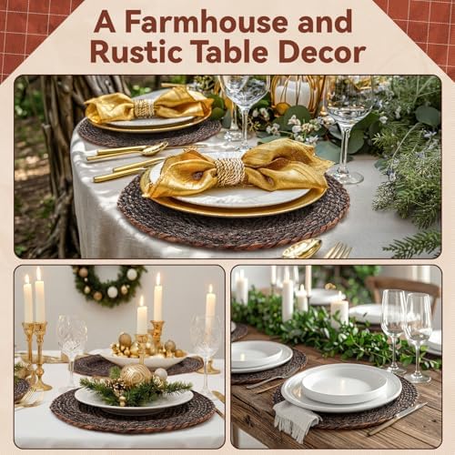 LemonRoad 13 Inch Boho Placemats Set of 6 Large Round Farmhouse Chargers Plate Mats Cattail Weave Woven Table Mats for Dining Plates Rustic Home Kitchen Wedding Party Table Decor, Dark Brown - Image 4