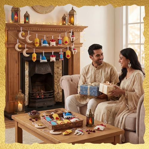 HunnmingRe 16 Pcs Ramadan Tree Ornaments 3D Felt Eid Mubarak Hanging Ornaments Ramadan Islamic Moon Star Castle Lantern Decorations for Holiday Party Door Home Wall Mantel Arts Crafts Gifts - Image 6