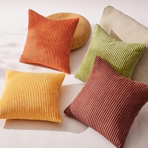 Topfinel Fall Burnt Orange Decorative Throw Pillows Covers 24x24 Inch Set of 4,Yellow Green Gradient Series Corduroy Striped Square Pillow Case,Western Modern Cushion Cover for Couch Sofa Bedroom - Image 6