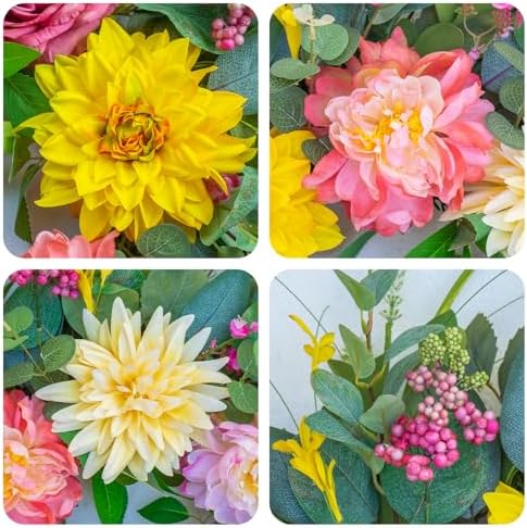 Spring Summer Wreaths for Front Door Outside 24 Inch, Soomeir Floral Door Wreath with Peony Dahlia Rose, for All Season Easter Indoor Outdoor Farmhouse Home Porch Wall Window Decor - Image 4