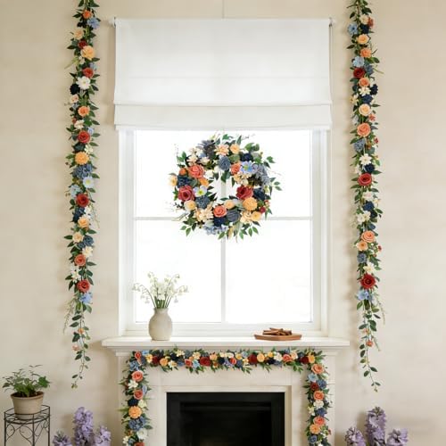 70 Inch Spring Garland - Farmhouse Boho Faux Flower Garland with Roses, Dahlias & Greenery, Hanging Wreath for Wedding Arch, Home Decor, Party Backdrop Spring Front Door Fireplace Table Decor - Image 5