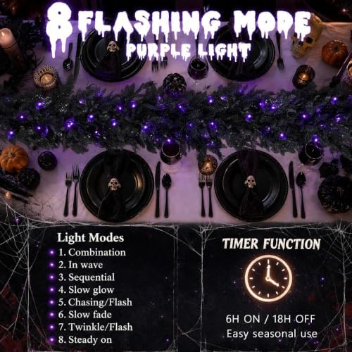 Pre-Lit Halloween Garland 9FT Decorations Black Real Touch Cedar Cypress Pine Plant Artificial Halloween Garland with Lights for Mantle, Fireplace, Table, Stairs, Door, Indoor Outdoor Decorations - Image 4