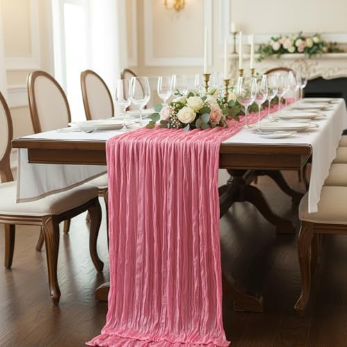 8 Pack Rose Pink Cheesecloth Table Runner 120 Inch Boho Wedding Decor - Image 7
