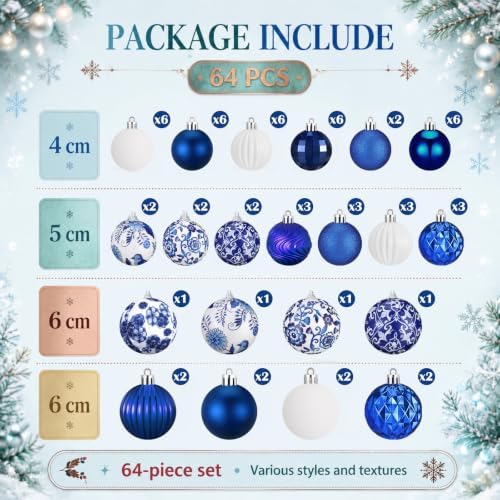 Lunmon 64 Pcs Chinoiserie Christmas Ornaments Blue and White Xmas Bulbs - Image 3