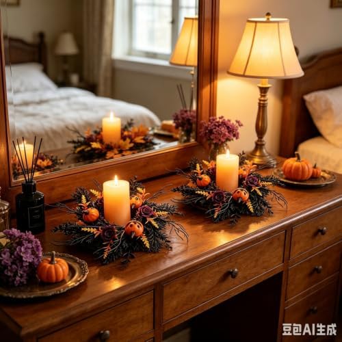 6 Pcs Mini Halloween Candle Ring Wreaths Small Pillar Candle Holder Wreath with Black Twig Branches Pumpkin Dark Purple Rose Autumn Leaves Spooky Gothic Wreaths for Farmhouse Cabinet Fireplace Table - Image 4