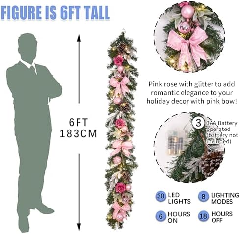 6 feet Christmas Pink Garland for Front Door with 30 LED Lights,Festive Lighted Holiday Decor,prelit Mantel Garland withTimer,Stair and Fireplace Pink Rose Decoration for Christmas and Wedding - Image 6