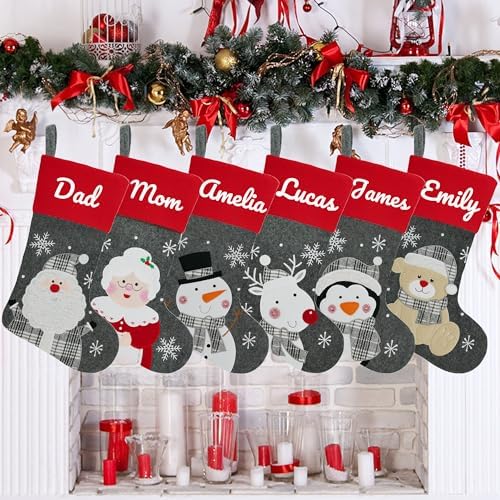 Set of 6, 18" Dia Personalized Gray Christmas Stockings with Embroidery Names, with Holders,Quality Thick Fleece Material Stockings for Family Décor(Set of 6-A) - Image 5