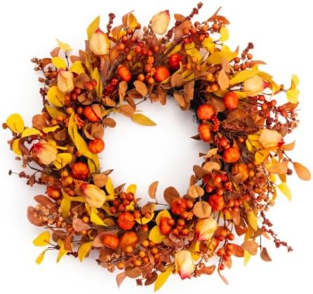 26" Fall Wreath for Front Door Pumpkin Artificial Wall Decor Autumn - Image 7