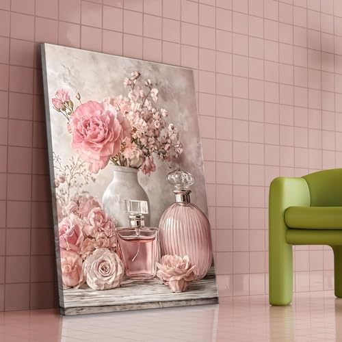 Pink Floral Canvas Wall Art Rose Flowers Plant painting Decor Picture Perfume Botanical Posters Prints for Living Room Dressing Preppy Apartment Valentine's Day Bedroom Corridor Home Decoration - Image 3