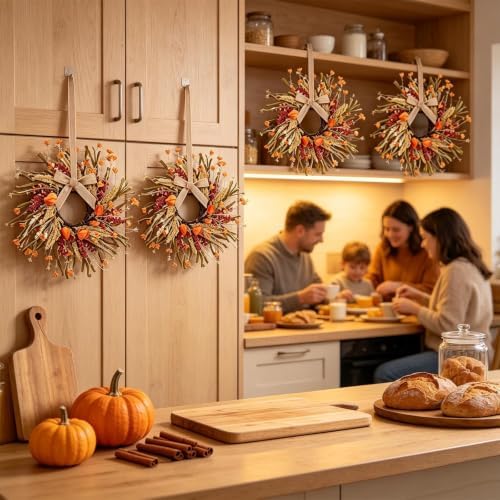 8 Pcs Mini Fall Wreaths for Kitchen Cabinet Thanksgiving Artificial Wreaths Autumn Hanging Wreath Harvest Candle Rings for Cabinets Farmhouse with Ribbon for Front Door Porch Wall Window Decoration - Image 5