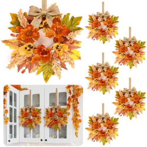6 PCS Fall Wreath for Kitchen Cabinets Artificial Flower Door Wreath Autumn Table Centerpiece Farmhouse Hanging Floral Rings for Front Door Porch Wall Window Decoration by Unknown