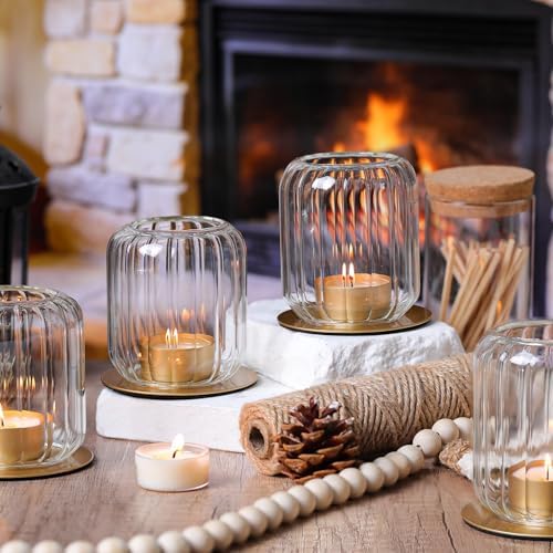4 PCS Votive Candle Holders, Glass Gold Lantern Fall Style with Metal Base - Image 5