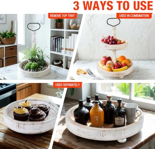 2 Tiered Tray Rustic Farmhouse Decorative Tray Stand Wooden Round Serving Trays for Coffee Food Home Table Decor Holiday Display Vintage Christmas Decors - Image 5