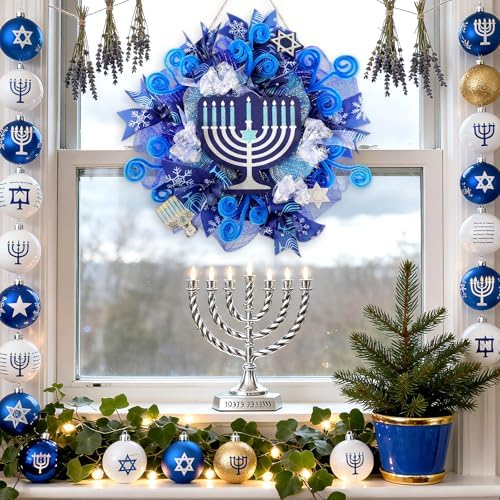 Hoteam Hanukkah Wreath for Front Door Happy Hanukkah Front Door Sign 13 Inch Blue Rustic Chanukah Welcome Decoration for Indoor Outdoor Home Porch Hanging Decoration - Image 4