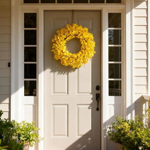 22inch Artificial Forsythia Flower Wreaths Spring Summer Fall Wreath Silk Leaves Wreath for Front Door Wreaths Porch Farmhouse Patio Garden Home Decor (Yellow) - Image 5
