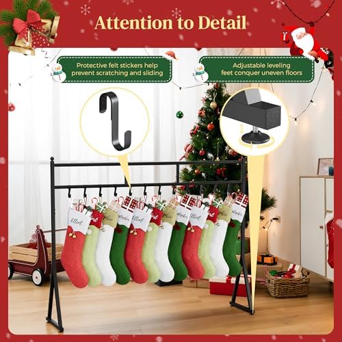 LAND·VOI Christmas Stocking Holder for Floor with 12 Hooks, Free Standing Metal Stocking Hanger, Stable Base & Adjustable Feet, Black - Image 4