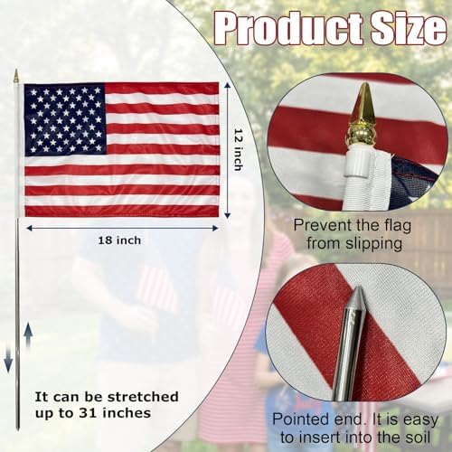 Bradford Small American Flags on Stick 6 Pcs 12x18 inch for Yard Lawn Decorations, Heavy Duty Mini Hand Held Handheld US USA Flags with Retractable Pole Stakes for Garden Planter Outside - Image 2