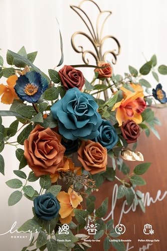 Ling's moment Welcome Sign Flowers, Wedding Floral Swag Burnt Orange & Teal - Image 3
